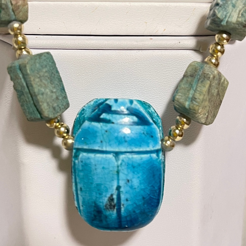 Vintage Necklace Egyptian Revival Scarab Beetle Faience Soapstone Beaded - Picture 4 of 6